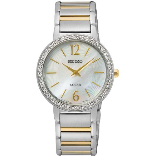 Solaruhr SEIKO, silber (silberfarben, goldfarben), Armbanduhren, Damen, Armbanduhr, Damenuhr, Perlmutt-Zifferblatt, Kristallsteine, Edelstahl