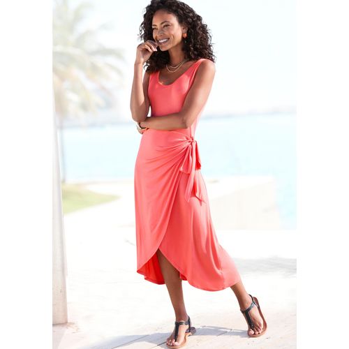 Strandkleid LASCANA, Damen, Gr. 42, N-Gr, orange (koralle), Jersey, Obermaterial: 95% Viskose, 5% Elasthan, unifarben, casual, figurumspielend knieumspielend, Rundhals, ohne Ärmel, Kleider, mit Rock in Wickeloptik, Midikleid aus Jersey, Sommerkleid