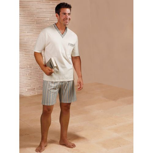 Schlafanzug GÖTTING, Herren, Gr. 56, beige (natur, gestreift), 100% Baumwolle, Kurzarm, Homewear-Sets