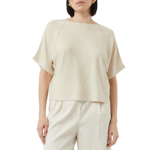 Kurzarmpullover COMMA, Damen, Gr. L (40), beige (ecru), Strick, Obermaterial: 85% Viskose, 15% Polyester, unifarben, casual, weit hüftbedeckend, Rundhals, Halbarm, Pullover, mit Lochmuster-Details und Rundhals