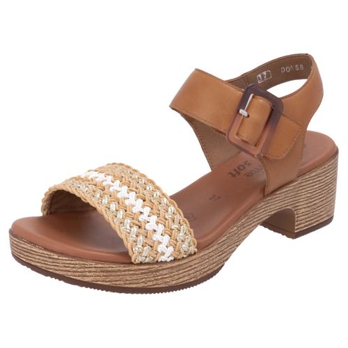 Sandalette REMONTE, Damen, Gr. 42, braun, natur, weiß, Glattleder, Lederimitat, Flechtoptik, feminin, Schuhe, Blockabsatz, Plateau, Sandale, Sommerschuh mit Bandage in Bastoptik