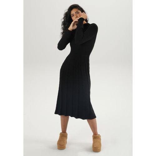 Strickkleid ANISTON SELECTED, Damen, Gr. 36, N-Gr, schwarz, Strick, Obermaterial: 100% Polyester, unifarben, Zopfmuster, elegant, figurumspielend Midi, Langarm Rippstrickbündchen, Kleider, mit Zopfstrickmuster