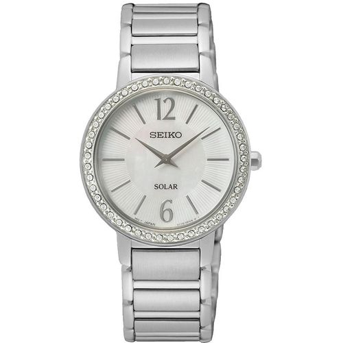 Solaruhr SEIKO, silber (silberfarben), Armbanduhren, Damen, Armbanduhr, Damenuhr, Perlmutt-Zifferblatt, Kristallsteine, Edelstahl