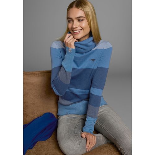 Rollkragenpullover KANGAROOS, Damen, Gr. 48/50 (XL), blau (blau, mittelblau), Strick, Obermaterial: 50% Baumwolle, 50% Polyacryl, gestreift, casual, figurbetont hüftlang, Langarm Rippbündchen, Pullover Pullover Rollkragenpullover Stehkragenpullover Strickpullover, gestreift mit hohem Stehkragen