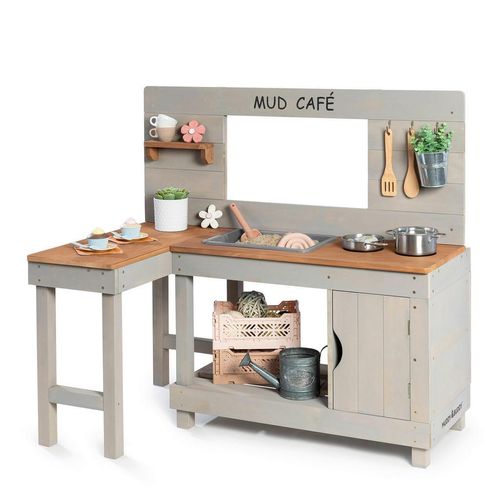 Muddy Buddy Matschküche Muddy Buddy Mud Café , Grau , Holz, Kunststoff , Zypresse , massiv , 71.5x100x110 cm , EN 71 , mit Holzschutz vorbehandelt ,