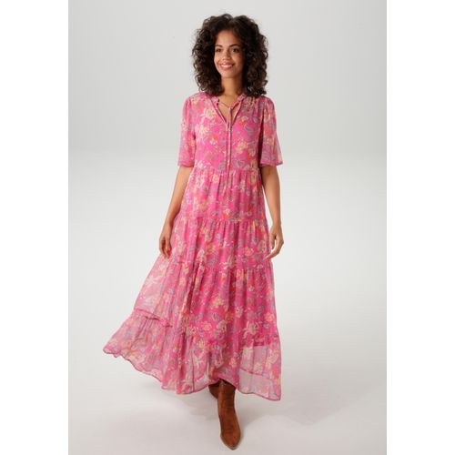 Sommerkleid ANISTON CASUAL, Damen, Gr. 48, N-Gr, pink, sand, orange, rot, gelb, lavendel, rot, wollweiß, rosa, apricot, zimt, Chiffon, Web, Obermaterial: 100% Polyester. Futter: 100% Polyester, bedruckt, geblümt, Paisley, feminin, lässig geschnitten knöchelfrei, V-Ausschnitt, Kurzarm, Kleider, mit fantasievollem Blumen- und Paisley-Druck - NEUE KOLLEKTION, Topseller