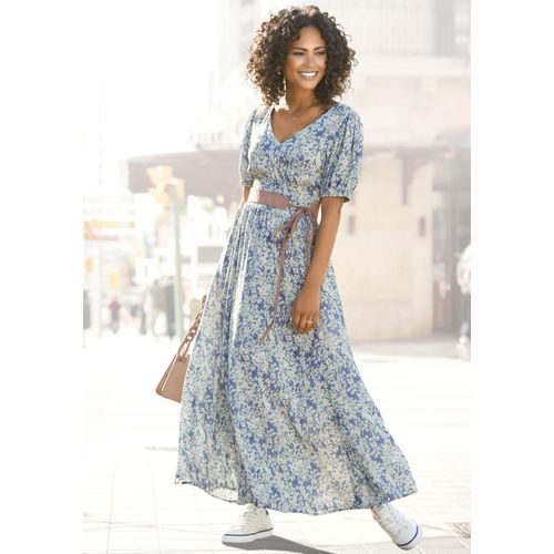 Maxikleid BUFFALO, Damen, Gr. 46, N-Gr, blau (blau, bedruckt), Web, Obermaterial: 100% Viskose, bedruckt, geblümt, modisch, figurbetont bodenlang, tiefer V-Ausschnitt, Kurzarm Puffärmel mit Gummizug, Kleider, mit zartem Blumendruck und V-Ausschnitt, Sommerkleid, Strandkleid, Topseller