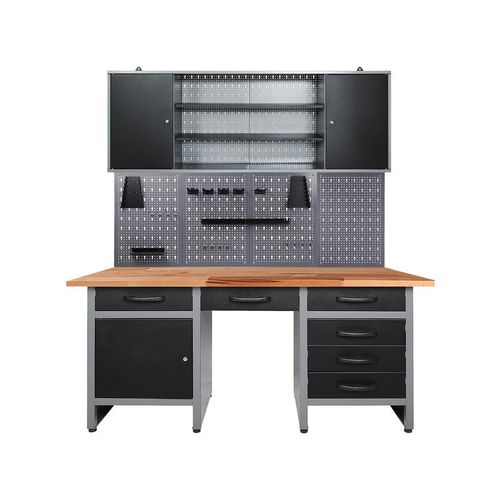 Ambia Garden Werkbankset , Anthrazit, Grau , Holz, Metall , Buche , 1 Fächer , 6 Schubladen , 160x205x60 cm , FSC , Freizeit, Heimwerken, Werkstatt