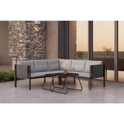 Ambia Garden Loungegarnitur , Grau, Schwarz , Metall, Textil , 5-teilig , Füllung: Schaumstoff,Polyester , 186.5x186.5 cm , Loungemöbel,