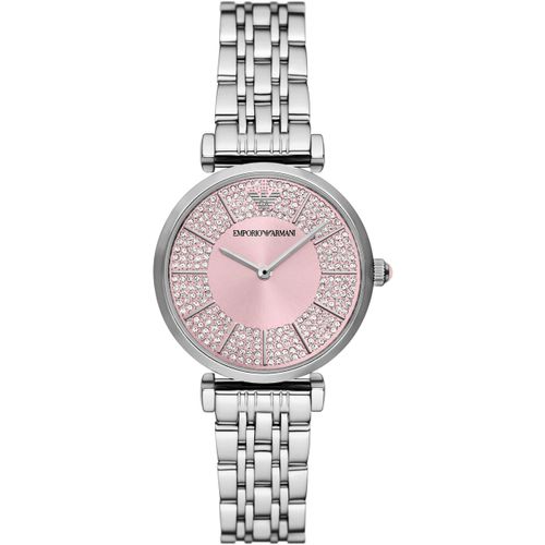 Quarzuhr EMPORIO ARMANI, edelstahlfarben, Armbanduhren, Damen, Armbanduhr, Damenuhr, Edelstahlarmband, analog, Glassteine