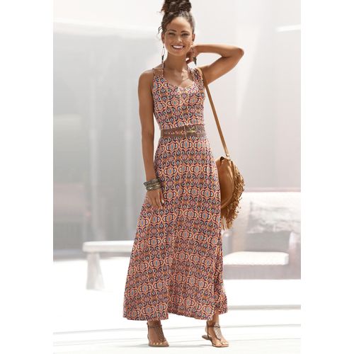 Maxikleid LASCANA, Damen, Gr. 42, N-Gr, bunt (bedruckt), Jersey, Obermaterial: 100% Viskose, bedruckt, ethno, modisch, figurumspielend ca. Mitte Wade, V-Ausschnitt, ohne Ärmel, Kleider, mit Ethnoprint und verstellbaren Trägern, Sommerkleid, Strandkleid