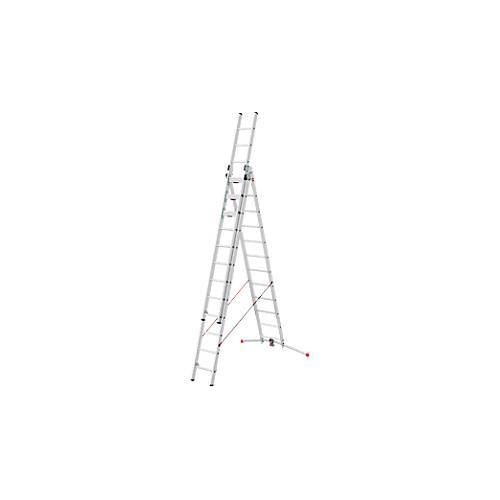 Mehrzweckleiter Hailo S120 Pro, 3-teilig, 3 x 12 Sprossen, Drehstufen-System, Bodenausgleich, bis 150 kg, Aluminium und Kunststoff, silber