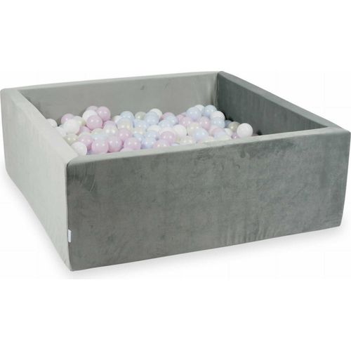 Bällebad 110x110x40 samtgrau – Mit 600 Bällen / Babyrosa Perle, Babyblau Perle, Meerjungfraueneffekt, Weiß