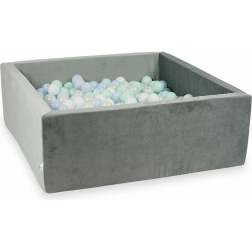Bällebad 110x110x40 samtgrau – Mit 600 Bällen / Babyblau Perle, Hellmint, Meerjungfraueneffekt, Weiß
