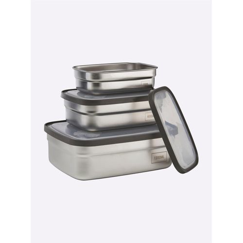 Lunchbox, grau (edelstahl), B:13,5+15,5+19cm H:4+5+6cm, Edelstahl, Metall, Kunststoff, Lebensmittelaufbewahrungsbehälter