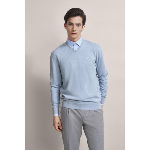 Rundhalspullover BUGATTI, Herren, Gr. XXL, blau (hellblau), Sweatware, 100% Baumwolle, casual, regular fit, V-Ausschnitt, Langarm Rippbündchen, Pullover, mit komfortablem Schnitt