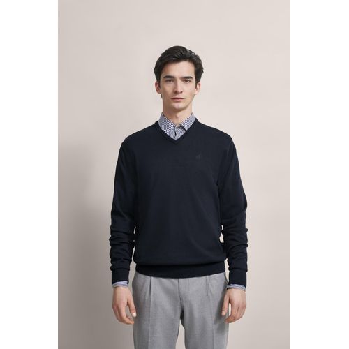 Rundhalspullover BUGATTI, Herren, Gr. L, blau (marine), Sweatware, 100% Baumwolle, casual, regular fit, V-Ausschnitt, Langarm Rippbündchen, Pullover, mit komfortablem Schnitt