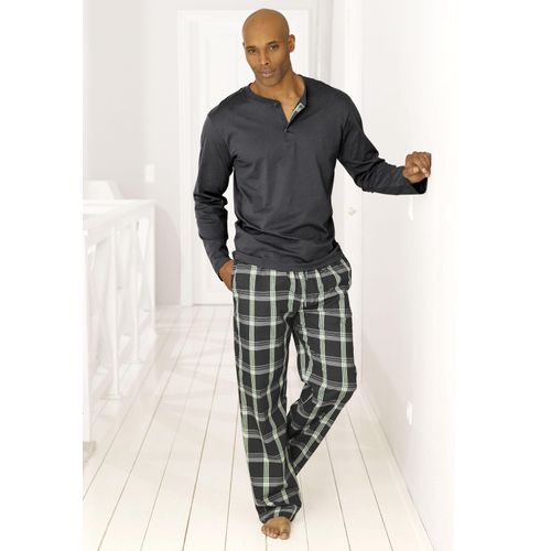 Pyjama H.I.S, Herren, Gr. 60/62 (XXL), grau (grau, grün), Jersey, Webqualität, Obermaterial: 100% Baumwolle. Unterteil: 100% Baumwolle, kariert, Basic, lang, Rundhals, Langarm abgesteppte Kante, Homewear-Sets, Schlafanzug mit langer karierter Webhose