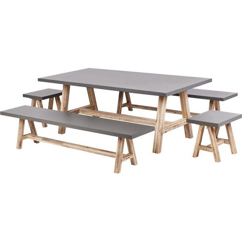 BELIANI Gartenmöbel Set 5-Teilig Grau Faserzement Rechteckiger Tisch 200 x 100 cm 2 Bänke und 2 Hocker mit hellen Holzbeinen Indoor & Outdoor Garten