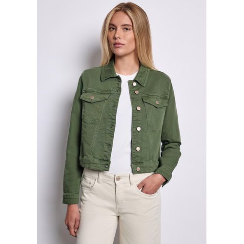 Jeansjacke STREET ONE STUDIO, Damen, Gr. 36, grün (grün wash), Jeans, 99% Baumwolle, 1% Elasthan, unifarben, casual, comfort fit kurz, V-Ausschnitt, Langarm abgesteppt, Jacken, mit Brusttaschen