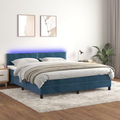 Boxspringbett Mit Matratze & Led Samt Dunkelblau | Größe: 160 x 200 cm | Modell: Flach mit Nägeln