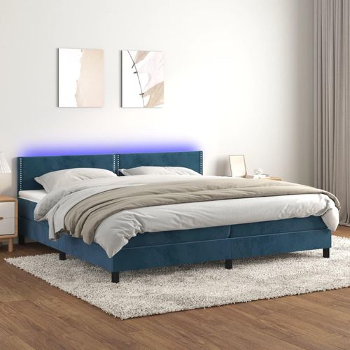 Boxspringbett Mit Matratze & Led Samt Dunkelblau | Größe: 200 x 200 cm | Modell: Flach mit Nägeln
