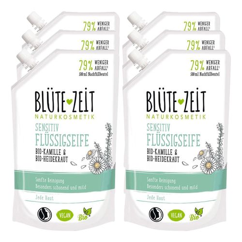 BLÜTE-ZEIT Flüssigseife Sensitiv Bio-Kamille und Bio-Heidekraut Nachfüllbeutel 500 ml, 6er Pack
