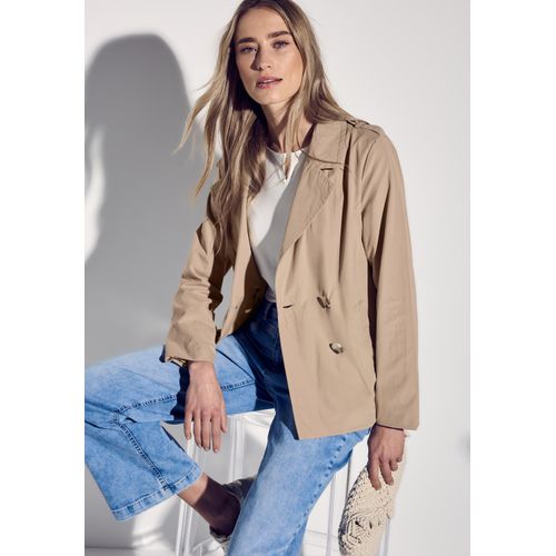 Trenchcoat STREET ONE, Damen, Gr. 40, beige (desert beige), Web, Obermaterial: 62% Polyester, 38% Baumwolle, unifarben, casual, gerade Po-bedeckend, Langarm, Mäntel, doppelreihig und mit Reverskragen