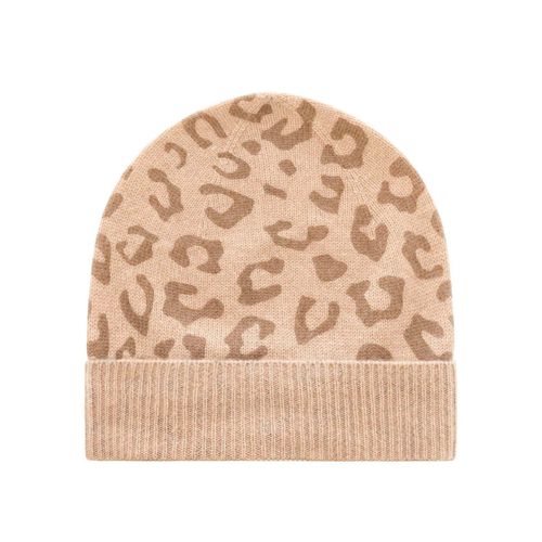 Strickmütze ZWILLINGSHERZ, Damen, beige (hellbeige), Kaschmir, unifarben mit Farbeinsatz, gemustert, modisch, Mützen, mit modernem Leopardenmuster