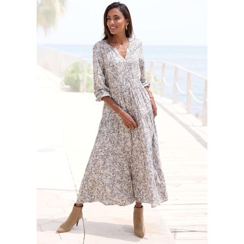 Maxikleid VIVANCE, Damen, Gr. 44, N-Gr, grau (grau, beige bedruckt), Web, Obermaterial: 100% Viskose, bedruckt, modisch, figurumspielend lang, V-Ausschnitt, Langarm mit Gummizug, Kleider, mit Alloverprint und Volants, langärmlig, Druckkleid, casual-chic
