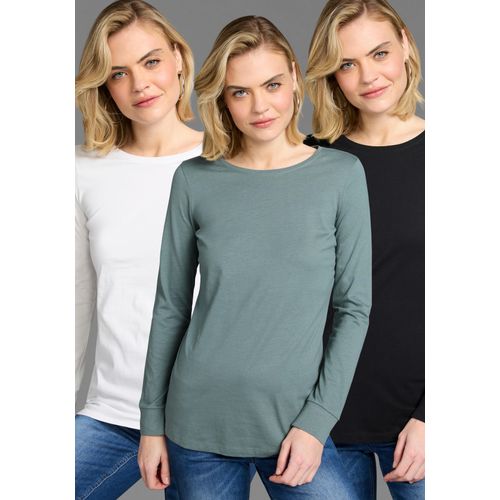 Langarmshirt LAURA SCOTT, Damen, Gr. 32/34, weiß, grün, schwarz, Single Jersey, Obermaterial: 100% Baumwolle. Obermaterial weiß: 100% Baumwolle, unifarben, Basic, figurumspielend hüftbedeckend, Rundhals, Langarm angesetztes Bündchen, Shirts, mit Bündchen am Ärmelabschluss - NEUE KOLLEKTION