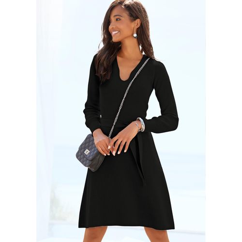 Strickkleid LASCANA, Damen, Gr. 38, N-Gr, schwarz, Rippstrick, Obermaterial: 50% Viskose, 25% Polyamid, 25% Polyester, unifarben, modisch, figurumspielend kniefrei, herzförmiger Ausschnitt, Langarm, Kleider, und V-Ausschnitt, Herbst- Winterkleid, casual-elegant