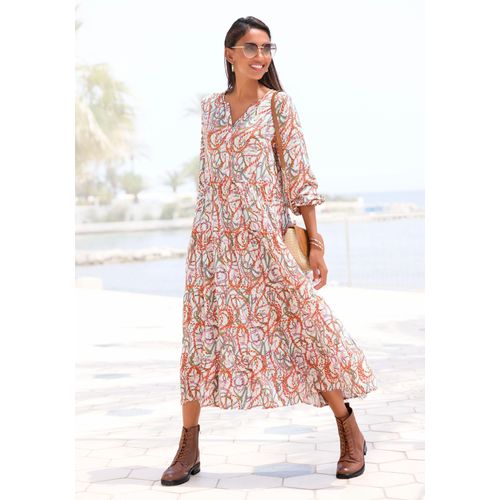 Maxikleid LASCANA, Damen, Gr. 44, N-Gr, bunt (bunt bedruckt), Web, Obermaterial: 100% Viskose, bedruckt, modisch, figurumspielend lang, V-Ausschnitt, Langarm mit Gummizug, Kleider, mit Alloverprint und Volants, langärmlig, Druckkleid, casual-chic, Topseller
