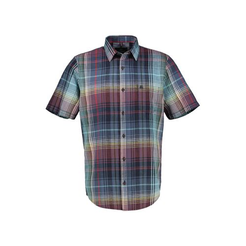 Karohemd LERROS, Herren, Gr. XXXL, N-Gr, rot (earth rot), Web, Obermaterial: 71% Baumwolle, 29% Leinen, kariert, casual, regular fit taillenbedeckt, Kurzarm, Hemden, mit Logo Stickerei