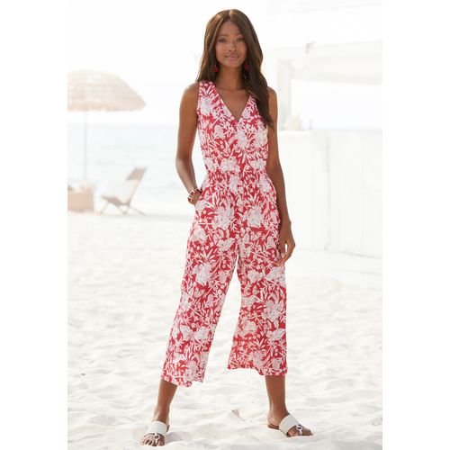Overall LASCANA, Damen, Gr. 38, N-Gr, rot weiß, Obermaterial: 95% Polyester, 5% Elasthan, casual, figurumspielend, Overalls, mit Wickeloptik und V-Ausschnitt