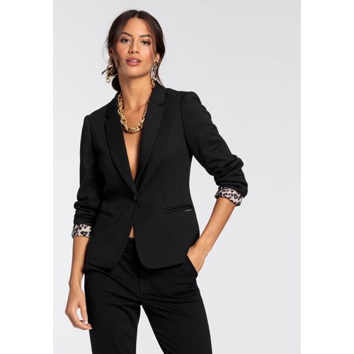 Kurzblazer BRUNO BANANI, Damen, Gr. 40, schwarz, Milano Rib, Obermaterial: 58% Viskose, 37% Polyester, 5% Elasthan. Futter: 100% Polyester, feminin, figurbetont hüftlang, tiefer V-Ausschnitt, Langarm, Blazer, Leoprint-Futter