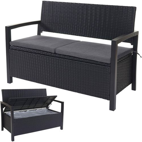 Poly-Rattan 2er Sitzbank MCW-F39, Gartenbank Truhenbank, Staufach Aufbewahrung Sitzkissen grau-meliert, Kissen grau