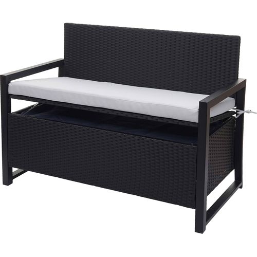 Poly-Rattan 2er Sitzbank HWC-F39, Gartenbank Truhenbank, Staufach Aufbewahrung Sitzkissen anthrazit, Kissen grau