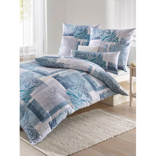 Bettwäsche BIBERNA Gr. 3, blau (petrol, grau), B/L: 155cm x 220cm, 3 tlg., Seersucker, Seersucker, B/L: 80cm x 80cm, Seersucker, 100% Baumwolle, Bettwäsche