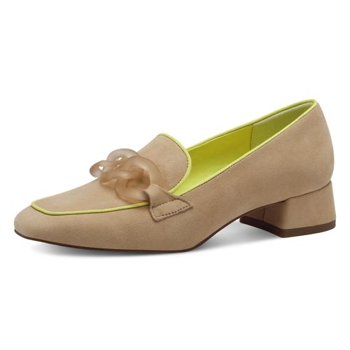 Pumps TAMARIS, Damen, Gr. 38, beige (sandfarben), Ziegenleder, mehrfarbig, modisch, Schuhe, Blockabsatz, Abendschuh, Festtagsschuh mit Zierkette