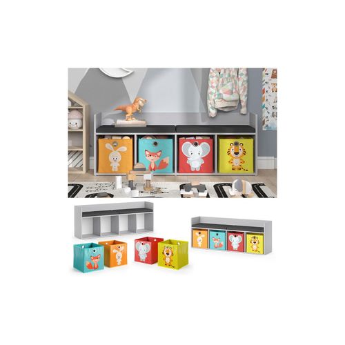 Vicco Sitzbank Kinderzimmerbank Kinderregal Luigi Hellgrau 142x53 cm modern Faltbox Kinderzimmer Regal Aufbewahrungsregal Bücherregal Lesebank Spielzeugaufbewahrung Organizer Regal-Bank-Kombi 4 Fächer