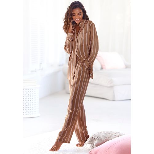 Pyjama LASCANA, Damen, Gr. 32/34, braun (braun gestreift), Single Jersey, Obermaterial: 50% Baumwolle, 50% Viskose, gestreift, casual, bequem lang, Langarm eingesetzt Manschette, Homewear-Sets, im klassischen Stil