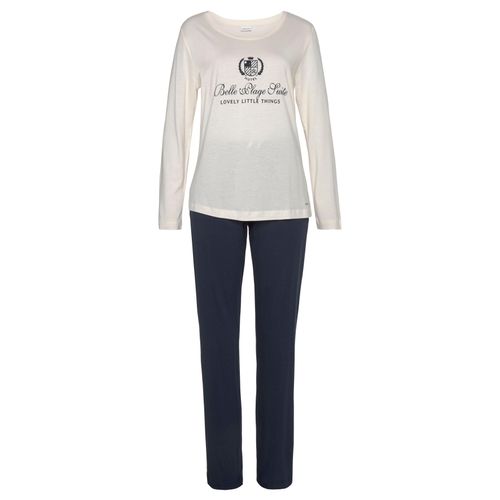 Pyjama LASCANA, Damen, Gr. 40/42, blau (dunkelblau), Single Jersey, Obermaterial: 50% Baumwolle, 50% Viskose, gestreift, bedruckt, unifarben mit Farbeinsatz, casual, bequem lang, Rundhals, Langarm, Homewear-Sets, mit Flockdruck