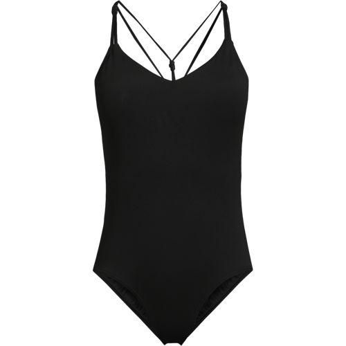 Komfort-Badeanzug mit V-Ausschnitt und gekreuzten Trägern, Damen,  Schwarz, Elasthan/Polyester-Mischung/Nylon-Mischung, by Lands' End