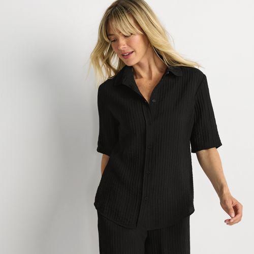 Kurzärmeliges Crinkle-Hemd, Damen,  Schwarz, Nylon/Viskose, by Lands' End