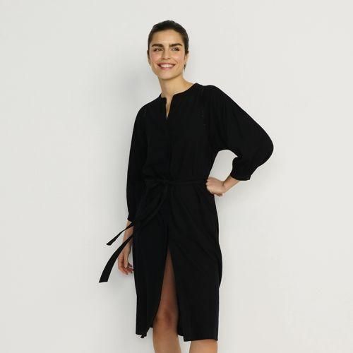 Leinenmix-Kleid mit Ajourdetail, Damen,  Schwarz, Leinen/Viskose, by Lands' End