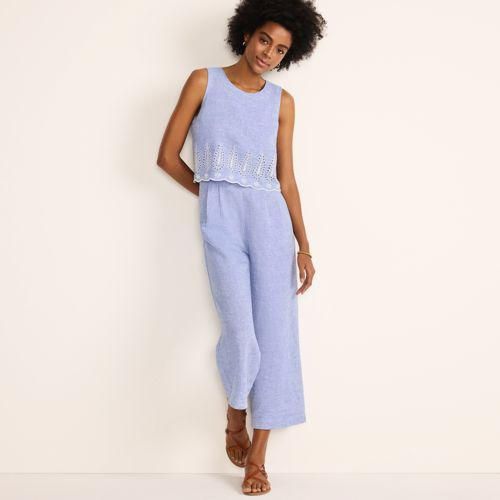 Ärmelloser Leinen-Jumpsuit mit Lochstickerei, Damen,  Blau, Leinen, by Lands' End