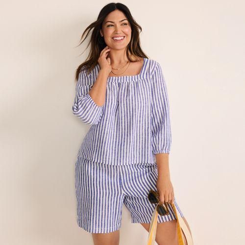 Leinen-Bauernbluse mit 3/4-Ärmeln, Damen,  Blau, Leinen, by Lands' End