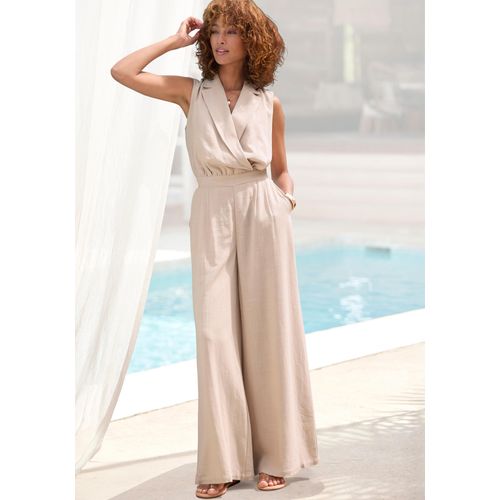 Overall LASCANA, Damen, Gr. 36, N-Gr, beige (puder), Web, Obermaterial: 85% Viskose, 15% Leinen, unifarben, modisch, figurumspielend lang, V-Ausschnitt, ohne Ärmel, Overalls, mit weitem Bein, Webware mit Leinen