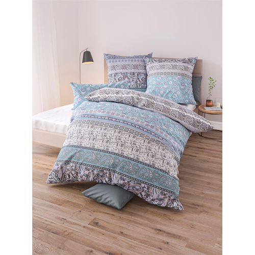 Bettwäsche WÄSCHEPUR Gr. 1, blau (ozean, grau, bedruckt), B/L: 135cm x 200cm, , Feinbiber, B/L: 80cm x 80cm, Feinbiber, 100% Baumwolle, Bettwäsche